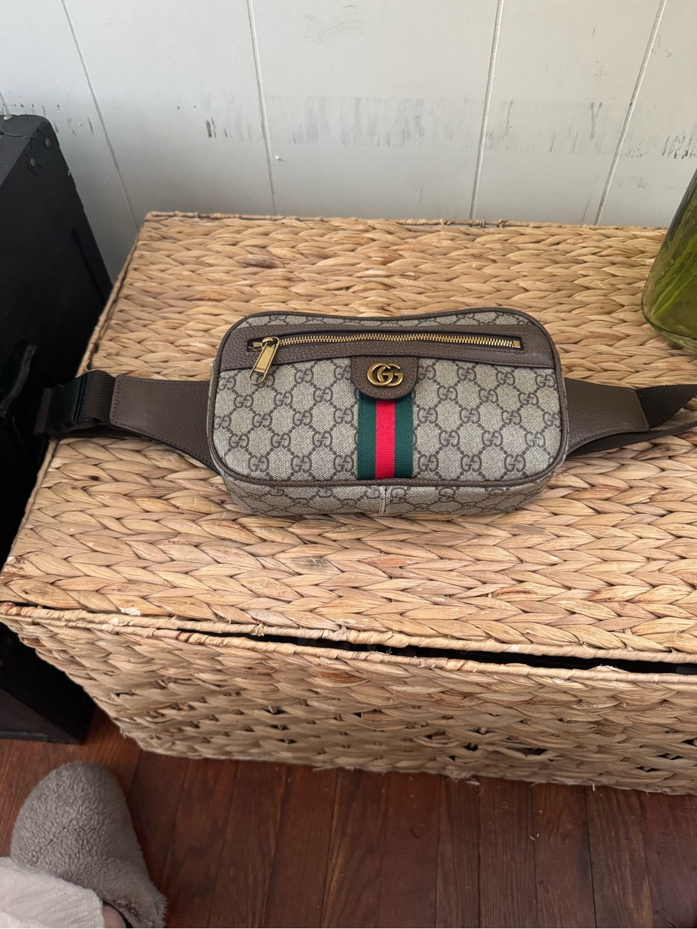 Gucci Beige GG Supreme Crossbody Belt Bag with Green-Red Web